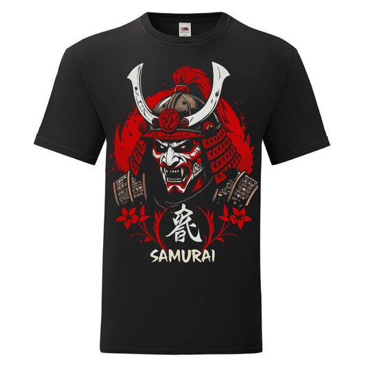 Черна мъжка памучна тениска Samurai Oni Mask
